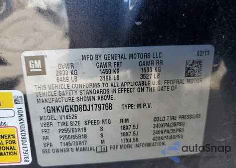 2013 Chevrolet Traverse 1Lt z USA, uszkodzony, nr VIN 1GNKVGKD8DJ179768